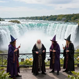 dramatic color photo of dadcore occult wizards on vacation at niagara falls marineland by basil wolverton by robert crumb by william eggleston by annie leibovitz, detailed and creepy, fujifilm velvia 5 0, color photography, sigma 2 8 mm