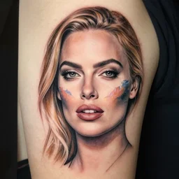 face morph tattoo design sketch of margot robbie blended in beautiful mountain scenery, in the style of den yakovlev, amazing detail