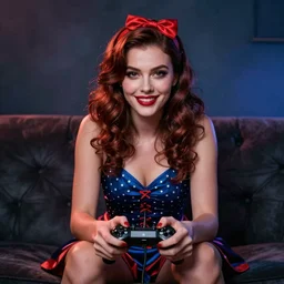 a pin up woman playing a videogame, front view, dark lighting, couch, control, photo
