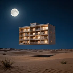 a single apartment building flying above a desert oasis in a moonlit night in the style of peter mohrbacher
