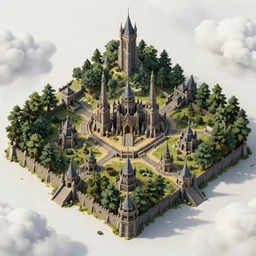 isometric DND fantasy forest, war fort, 3d render, fantasy city, surrounded by white