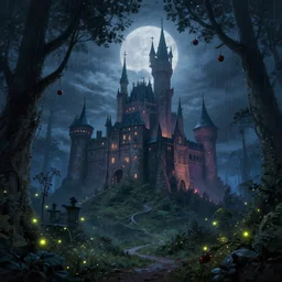 stormy night, created by jan urschel and sylvain sarrailh, the moonlight is hazy, a huge fairy magic school castle in the mysterious fantasy forest, many fireflies, shimmering effect, magnificent color matching, realistic matte painting, cherry, concept art, western magic forest, trending on artstation