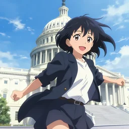A beautiful smiling anime girl with black hair and hime cut storms the U.S Capitol on January 6, anime key visual, digital art, anime screenshot, kyoto animation, makoto shinkai, trending on artstation