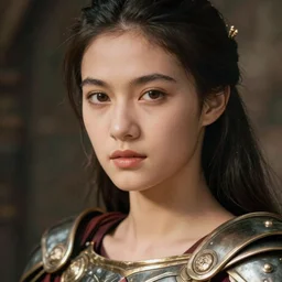 close - up portrait of beautiful young woman dressed gladiator with metallic armor, art by steven meisel