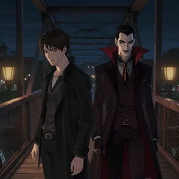 two young men, one man human, one man vampire, night, on a birdge, detailed, intricate, aesthetic, artistic, ambient occlusion, volumetric light effect, 8 k resolution in the style of holic