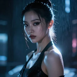 facial night portrait of a korean blade runner ballerina model with dark makeup, dark cyberpunk background, lens flare, rain, deep focus, d & d, intricate, elegant, highly detailed, photo, artstation, blade runner, 8 k, sharp focus, octane, unreal engine 5, global illumination, radiant light