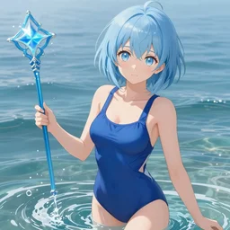 yong girl with short light blue hair, light blue eyes, in a a blue jumpsuit in the form of a swimsuit, in the hands of a blue wand, water, on the sea, anime style, hyper detailed, illustration, digital painting, art by artgerm and greg rutkowski and alphonse mucha, high delicate defined details, anime stylized, highly detailed, realistic, sharp focus, artstation, 4 k