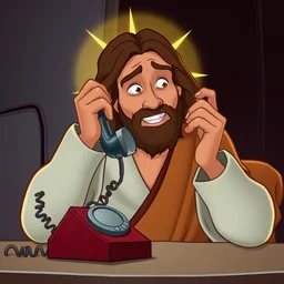 jesus christ talking on old phone, old disney cartoon style