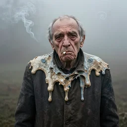 photographic portrait of wrinkly sad max ernst dried melting paint with spiraling cigarette smoke, in fog, medium long shot