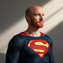 photograph of a ginger male, middle aged balding superhero