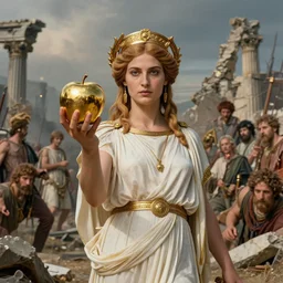 eris, greek goddess of chaos, holding an reflective gold!!! metal apple, goddess of chaos, ruins of the trojan war, mk 1 1 by carl spitzweg, ismail inceoglu, vdragan bibin, hans thoma, greg rutkowski, alexandros pyromallis, perfect face, sharply focused, sharply detailed, centered, rule of thirds, realistic