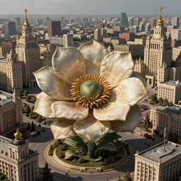 colossal MC Escher flower in the middle of post soviet constructivist cityscape, Stalinist architecture, ultradetailed, Intricate by Hayao Miyazaki and Josan Gonzalez and Giuseppe Arcimboldo and Wes Anderson and H.R. Giger