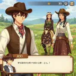 dating sim gameplay, set in 1 8 3 7 old west cowboys and cowgirls from africa and japan