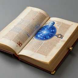 intricately detailed physically based octane render of an epic illuminated manuscript codex, the blueprints for unlocking the secrets of the universe :: designed by Luigi serafini, nikola tesla, Leonardo da Vinci, 8k