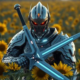 photography of a hyper realistic cybertronic knight with a sword. complex and highly detailed armor, leds, in a sunflower field. intense stare, concept art, intricate detail, volumetric shadows and lighting, realistic glass sculpture, octane render, unreal engine