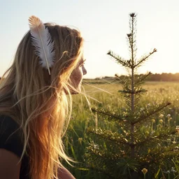 of cinematic, golden hour, backlit, over the shoulder photograph of a beautiful woman with long blonde hair, wearing a large eagle feather in her hair, looking at a small spruce tree sapling, wildflowers in the distance, windy, bokeh, tilted angle, iphone 5 photo