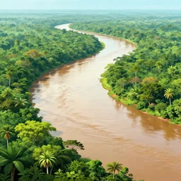 amazon river winding through the rainforest, concept art, illustrated, highly detailed, high quality, bright colors, optimistic,