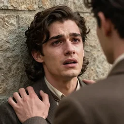 Close-up of a handsome and utterly terrified young man on the verge of panic tears with long hair cornered with his back against a stone wall. He is wearing a 1930s attire. He looks utterly panicked and distressed and is trying to protect himself from an assailant. Looking straight at camera
