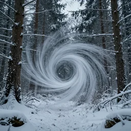 an invisible warping vortex in the middle of the woods, winter, snow, cold cinematic, hbo, dramatic, ARRI, 4k, highly detailed