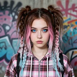 highly detailed portrait of a sewer punk young woman, blue eyes, tartan hoody, ringlet hair by atey ghailan, by greg rutkowski, by greg tocchini, by james gilleard, by joe fenton, by kaethe butcher, gradient pink, brown, light blue and white color scheme, grunge aesthetic!!! ( ( graffiti tag wall background ) )