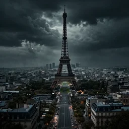 apocalypse, paris city, volumetric light, scenic view, profound dark scary