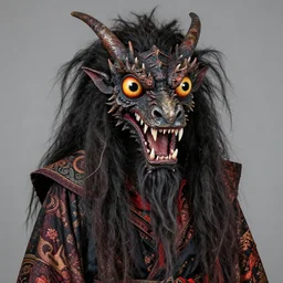 a photography of a costume of a demonic creature with big painted eyes and a dragon mouth, with lots of long hairs and wearing multiple layers of fabrics with patterns by charles freger