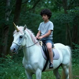 night green security footage of a teenager with short black curly hair on the woods riding a real unicorn