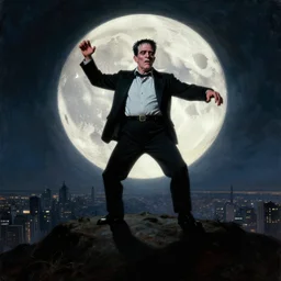 boris karloff from the movie frankenstein ( 1 9 3 1 ) is standing on a giant hill, new york panorama in far background, powerful pose, scary, horror, deep night, giant oversized moon backlighting, dramatic sky, shadows on side, cinematic, side light, backlighting, oil painting by frazetta