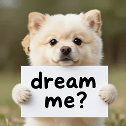 realistic high quality photo of a cute dog holding a sign with text that reads : dream me?