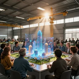 large group people in a frame warehouse, looking at hologram of futuristic city on a table, cinematic concept art, godrays, golden hour, natural sunlight, 4 k, clear details, tabletop model buildings, tabletop model, hologram center, crane shot, crane shot, crane shot