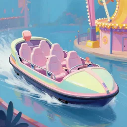 an amusement park boat ride with pastel colors by peter mohrbacher, vivid colors, matte painting, 8K, concept art, mystical color scheme, trending on artstation