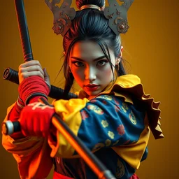 photorealistic portrait of a fighting, beautiful, female samurai warrior, holding sword in right hand, goth punk, vibrant yellow, red, blue, colors, surreal, a french baroque by by alexander mcqueen, octane render, hyper detailed, cinematic lighting