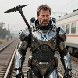 vfx movie closeup real life gordon freeman holding wearing futuristic armor, half life logo on chest, crowbar in russian train yard by emmanuel lubezki