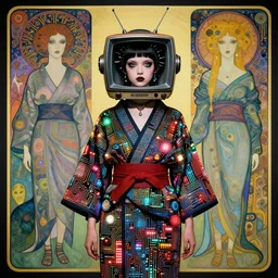 cute punk goth fashion fractal alien martian girl with wearing a television helmet and kimono made of circuits and leds, surreal Dada collage by Man Ray Kurt Schwitters Hannah Höch Alphonse Mucha