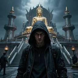 highly detailed portrait of a cyberpunk hacker in front of a futuristic buddhist temple by wadim kashin, dark colors, high contrast