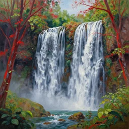 A highly detailed, very symmetrical oil painting of two waterfalls surrounded by lots of trees with red branches and green leaves