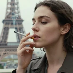 cinematic close up portrait of a woman smoking a cigarette in paris environment by roversi, pale natural matt, head in focus