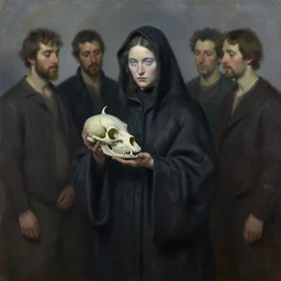 a which with icy eyes, stares at a cat skull in her hands. she wear a long dark robe. painted by regis loisel and enki bilal and tony sandoval and oliver ledroit. oil painting.