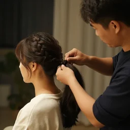 a man braiding his wife's hair at night