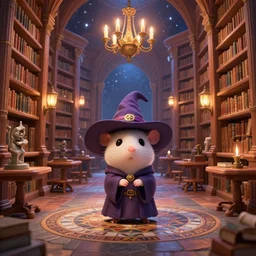 vast library, cute chibi rat wizard, wizard hat, old wizard robe, bookshelves, wooden banks, wooden tables, mosaic stone floor, 3 d sculpture, 3 d cg, pixar, cel shading, celestial, majestic, cinematic light, candles, chandelier, lanterns, soft light