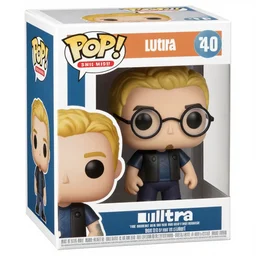 a funko pop of german young man with blondish hair, short goatee and round glasses, in a funko pop box that says ultra