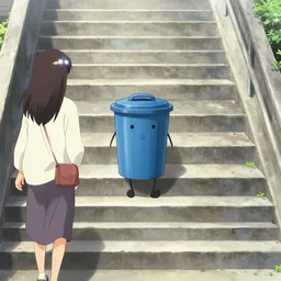 full view, from a distance, of anthropomorphic trashcan walking down a staircase, style of yoshii chie and hikari shimoda, highly detailed