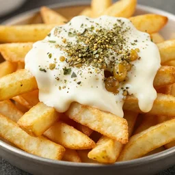 savory, crispy french fries with grains of pepper, oregano and a thick sauce on top, high definition, 8 k