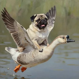 happy pug on the back of a flying goose, detailed oil painting by dan mumford