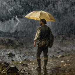 man under torrential rain thunderstorm rain. painting by geertgen tot sint jans