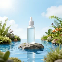bottle on a rock floating in the blue water surrounded by plethora of fauna and flora, bright blue skies up close shot, white background, zen, light, modern minimalist f 2 0 clean