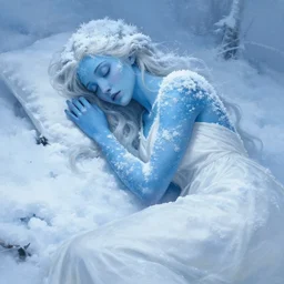 character concept portrait, blue - skinned sleeping blonde woman in a white gown, closed eyes, covered in snow, frost, and ice, style digital painting, winter blue cold colors pallet, concept art, smooth, sharp focus, illustration by ruan jia and mandy jurgens and william - adolphe bouguereau, artgerm