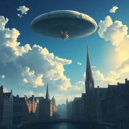 city of amsterdam, alien spaceship in the sky, natural lighting, dreamy, intricate details, matte painting, illustration, by hayao miyazaki