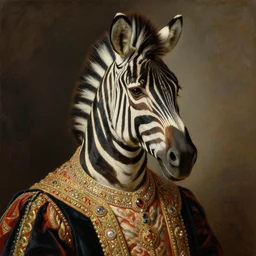 a professional portrait painting of a anthropomorphic zebra with a zebra head, wearing decorated royal clothes, serious look, oil painting, painted by Jacques-Louis David, detailed