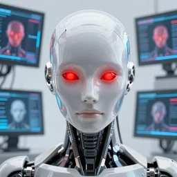 a Portrait of a cyborg, red glowing eyes, by Sam Spratt, by Vlad Rodriguez, computer screens in the background, trending on Artstation, dark, dramatic, cinematic, realistic studio lighting, realistic reflections, 4k, professional, canon